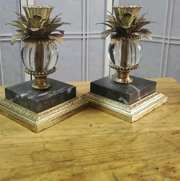 Mid Century Modern Brass and Marble Dilly MFG Co Candle Holders - Picture 1 of 3
